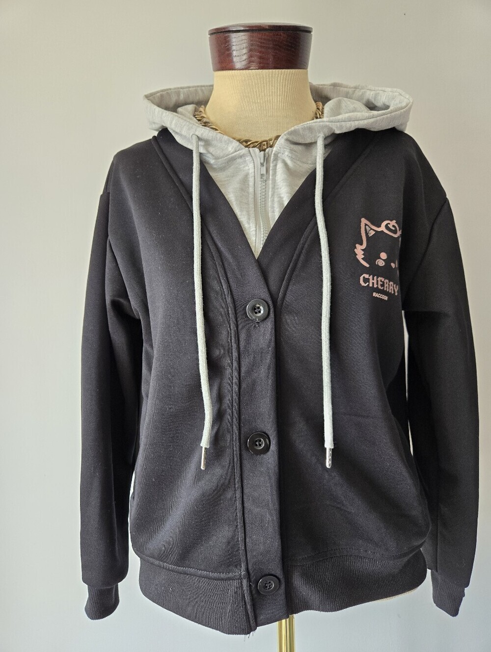 Cherry Raccoon Black Cardigan Jacket with Inner Crop Hoodie. Size 1